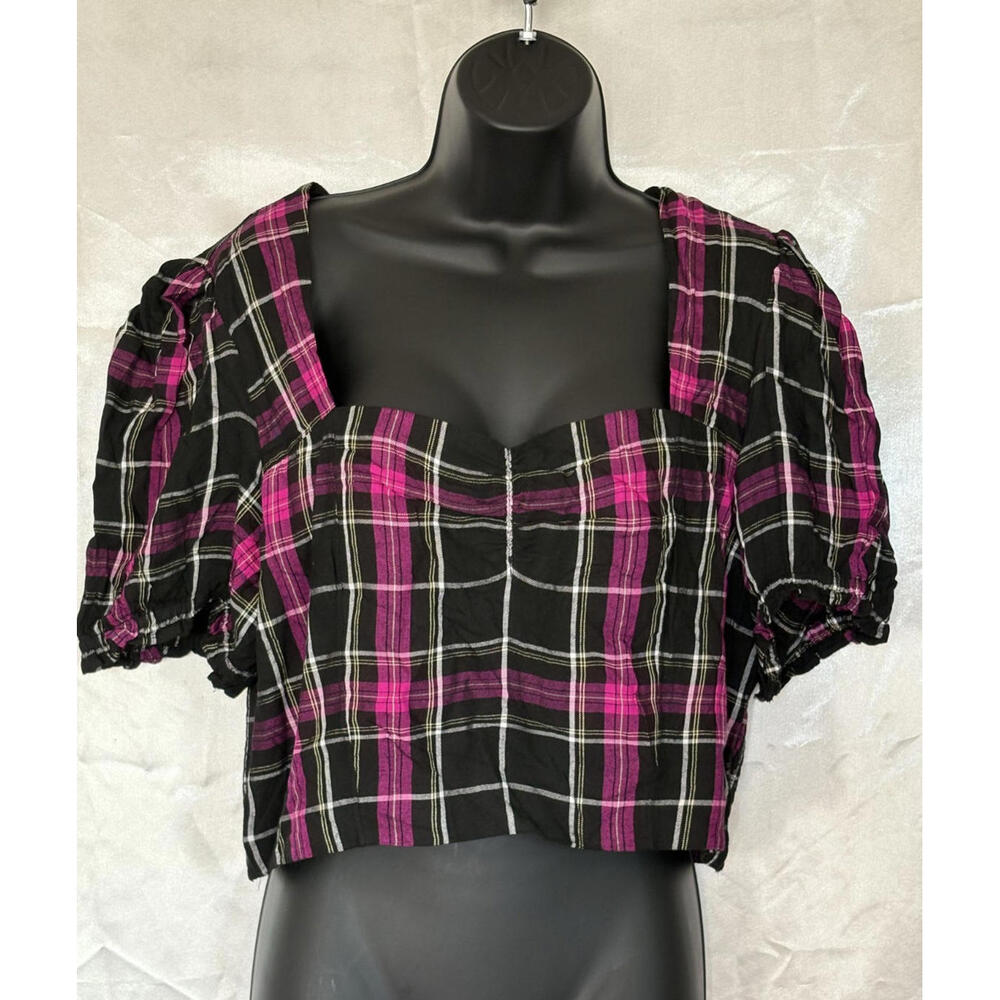 Bar III Puff-Sleeve Purple/Black Paris Plaid Crop Top SizeXL  NWT